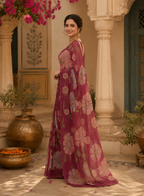 Organza Floral Print Saree With Unstitched Blouse(Red)