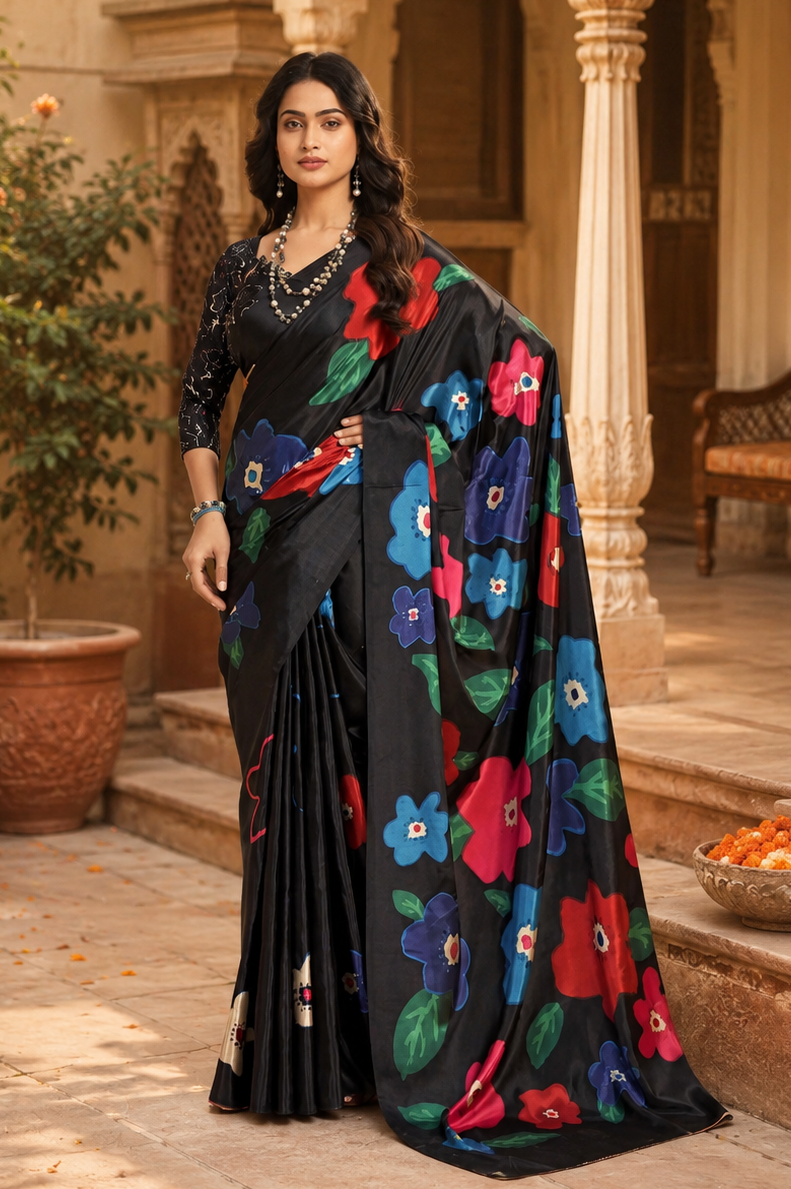 Premium Crepe Silk Saree With Unstitched Blouse(Black)