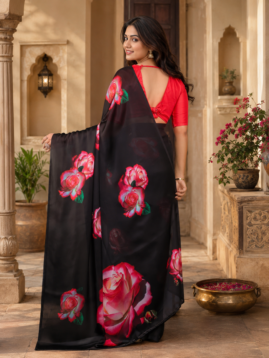 Satin Silk Printed Saree With Unstitched Blouse(Red)