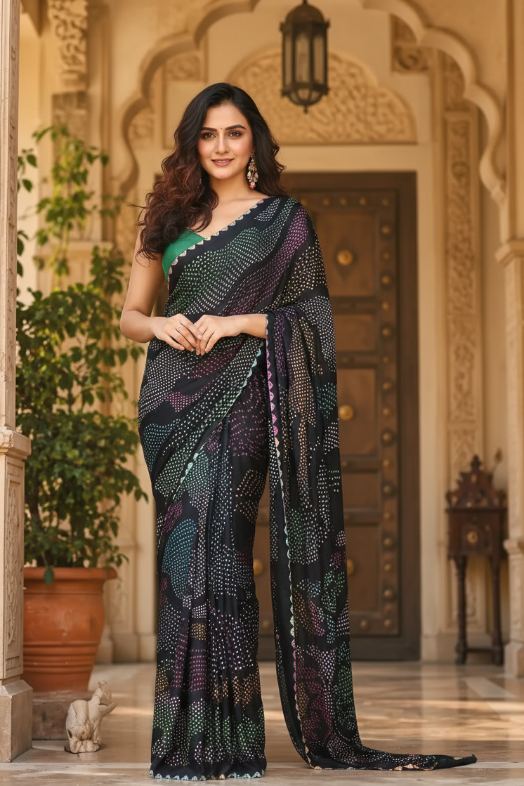 Chinon Silk Bandhani Print Saree With Unstitched Blouse(Green)
