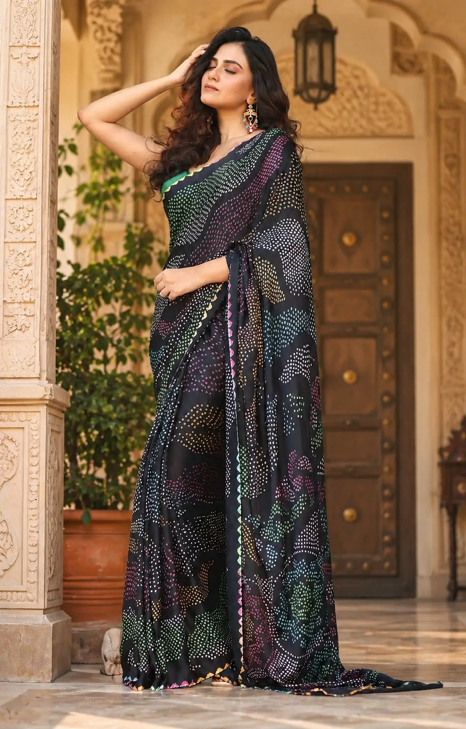 Chinon Silk Bandhani Print Saree With Unstitched Blouse(Green)