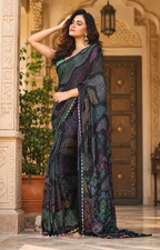 Chinon Silk Bandhani Print Saree With Unstitched Blouse(Green)
