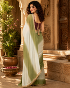 Georgette Embroidery Lace Work Saree With Unstitched Blouse(Green)