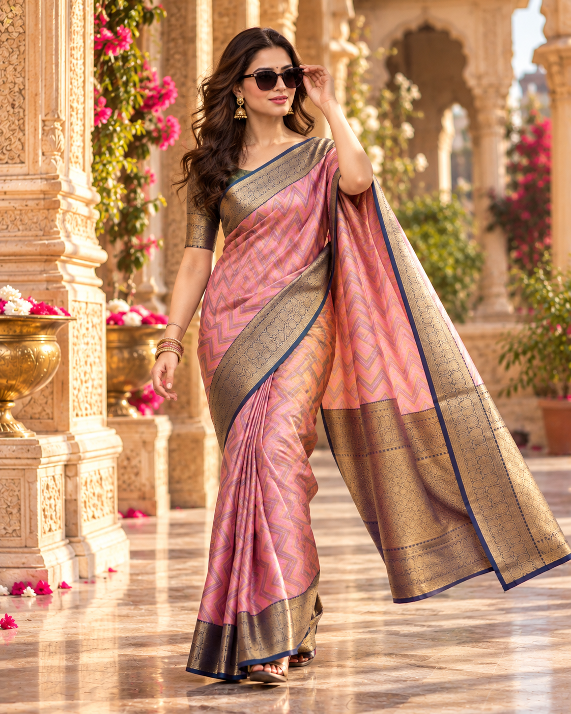Pure Kanjivaram Silk Saree With Unstitched Blouse(Pink)
