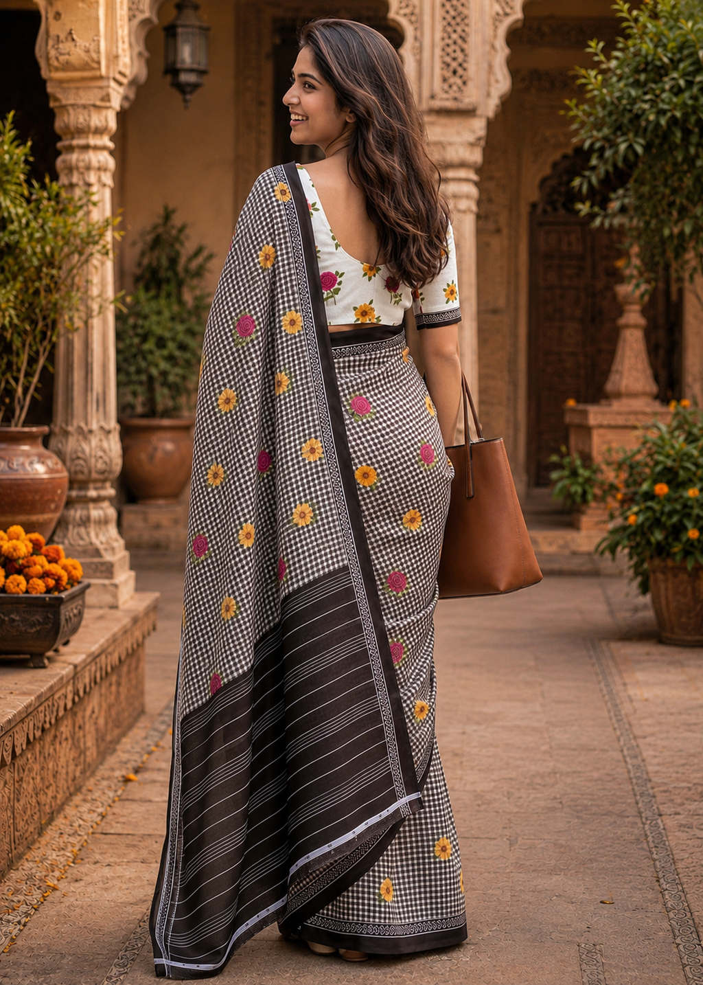 Soft Pure Mulmul Cotton Printed Saree With Unstitched Blouse(Black)