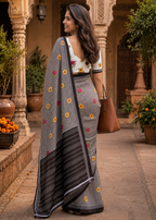 Soft Pure Mulmul Cotton Printed Saree With Unstitched Blouse(Black)