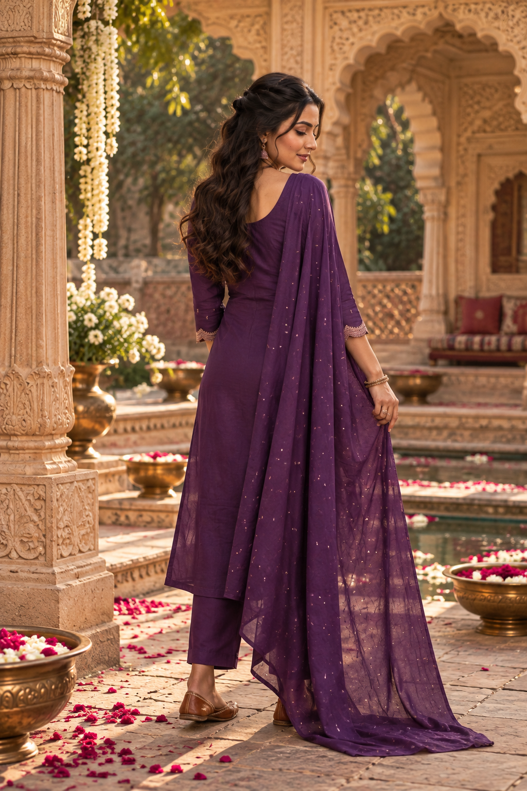 Pure Cotton Kurti Pant Set With Dupatta(Violet)