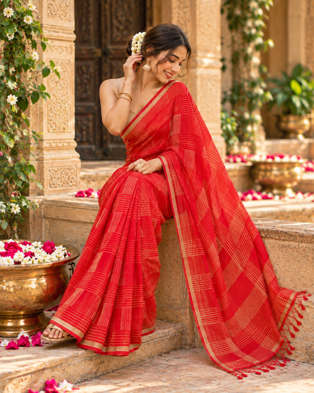 Premium Cotton Printed Saree With Unstitched Blouse(Red)