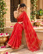 Premium Cotton Printed Saree With Unstitched Blouse(Red)