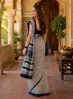 Mulmul Cotton Block Printed Saree With Unstitched Blouse(Navy Blue)