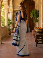 Load image into Gallery viewer, Mulmul Cotton Block Printed Saree With Unstitched Blouse(Navy Blue)
