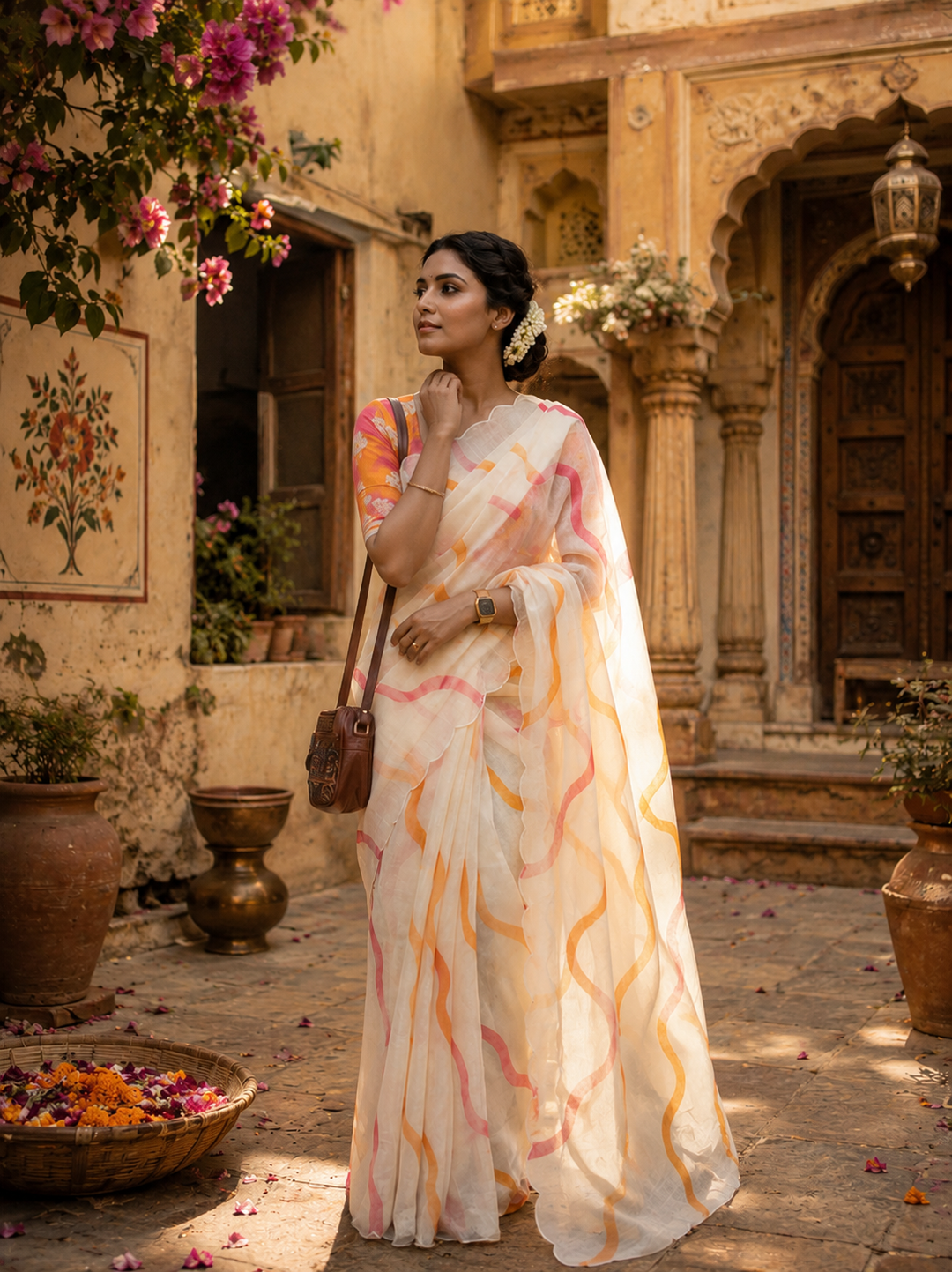 Linen Digital Printed Saree With Unstitched Blouse(White)