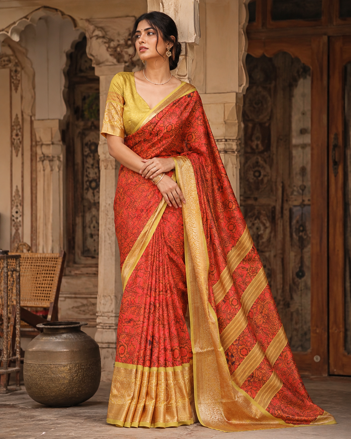 Tussar Silk Printed Saree With Unstitched Blouse(Orange)