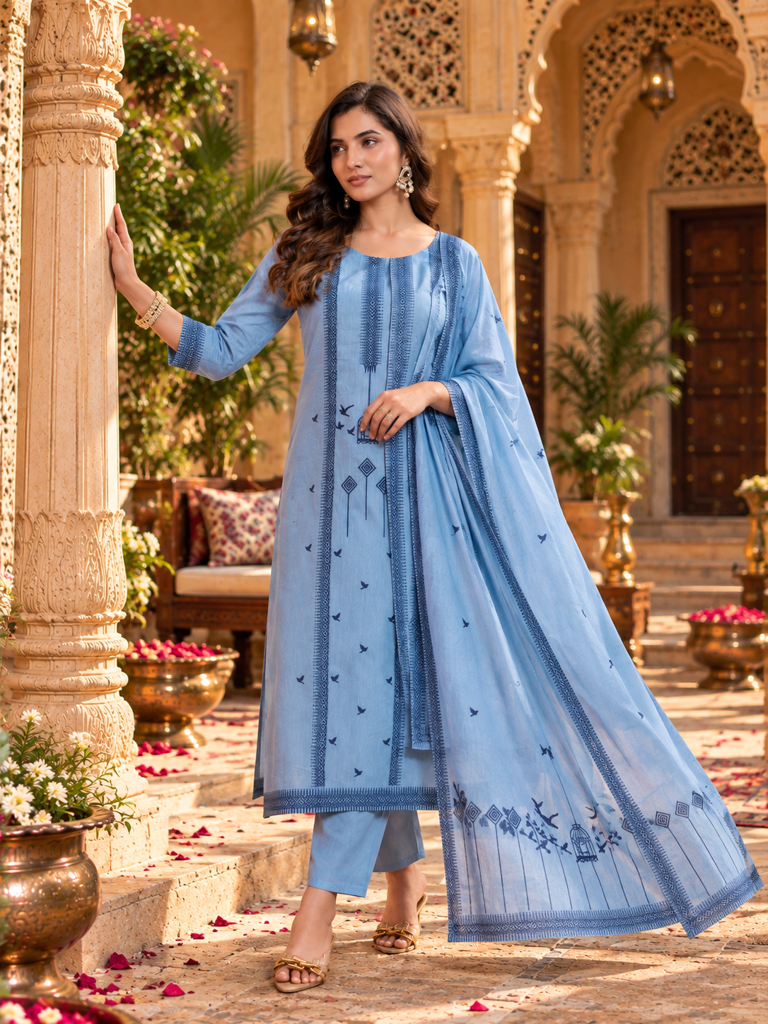 Cotton Printed Kurti Set With Dupatta(Blue)