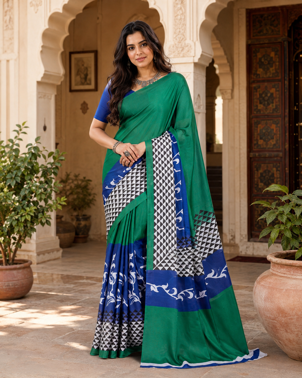 Satin Silk Printed Saree With Unstitched Blouse(Green)
