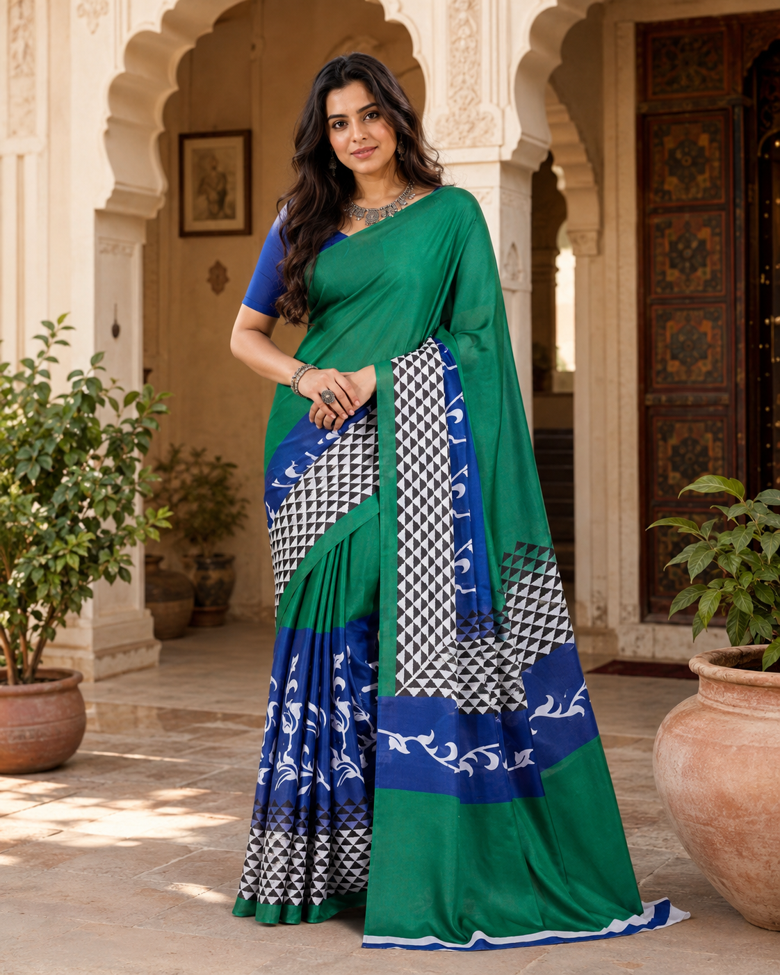 Satin Silk Printed Saree With Unstitched Blouse(Green)