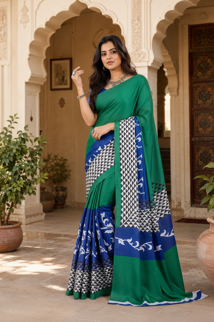 Satin Silk Printed Saree With Unstitched Blouse(Green)