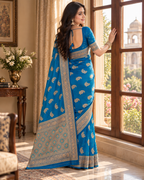 Pure Silk Traditional Buttas Copper Zari Weaving Saree With Unstitched Blouse(Teal)