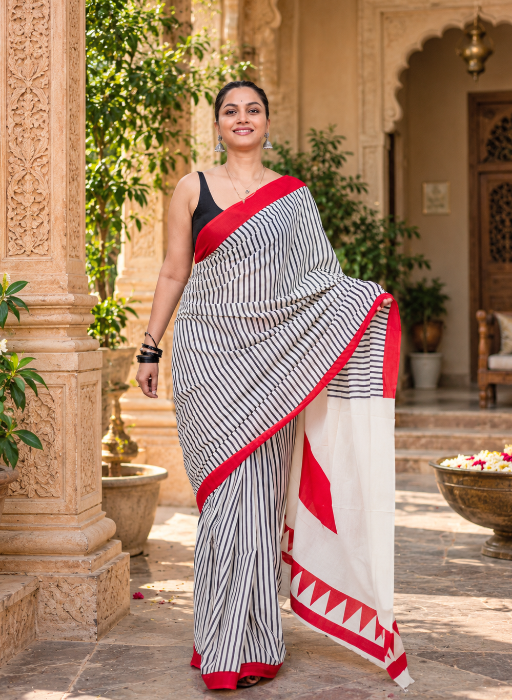 Cotton Printed Saree With Unstitched Blouse(White)
