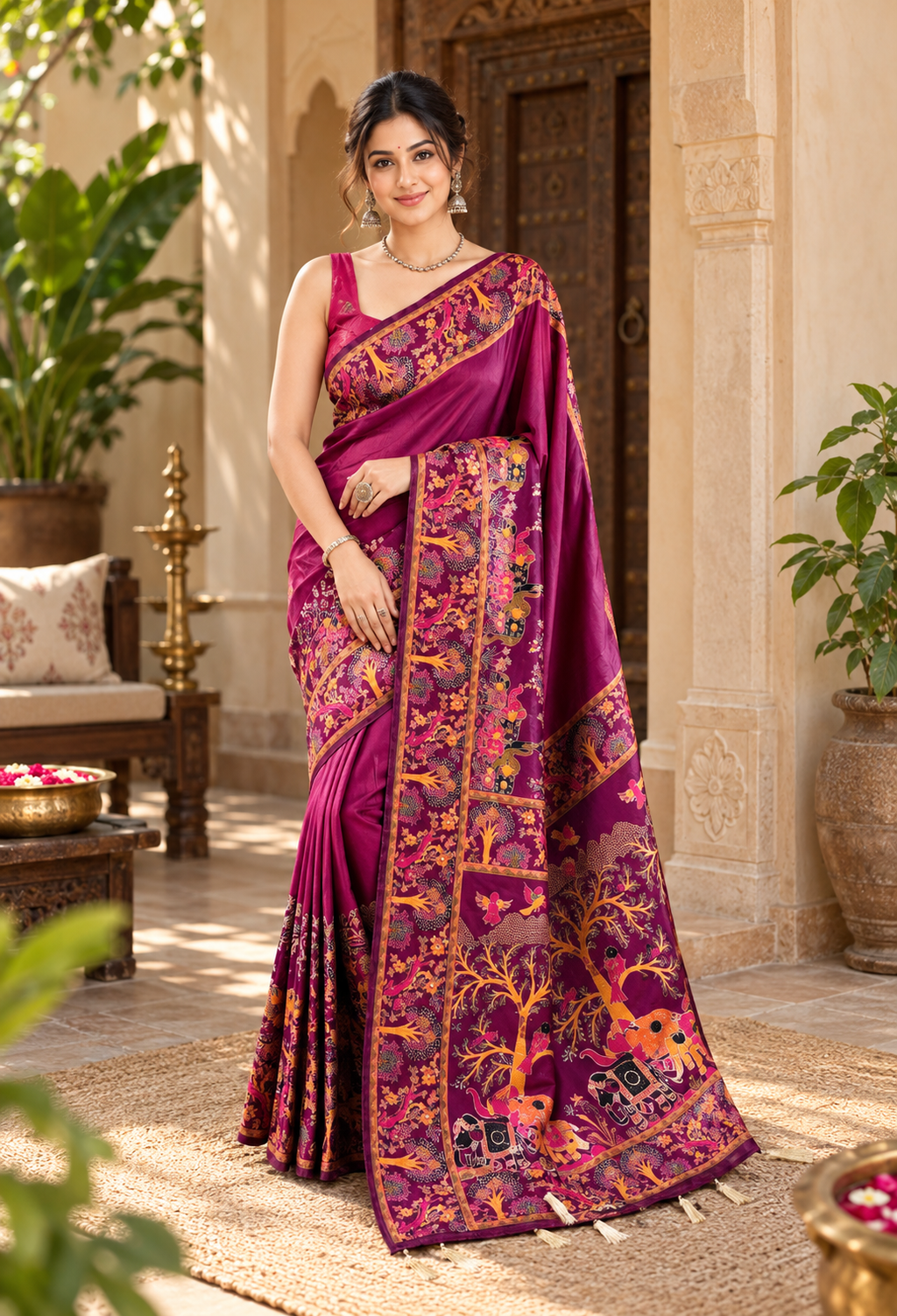 Premium Pashmina Kashmiri  Meenakari Weaves Tassels Saree (Wine )