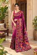 Premium Pashmina Kashmiri  Meenakari Weaves Tassels Saree (Wine )
