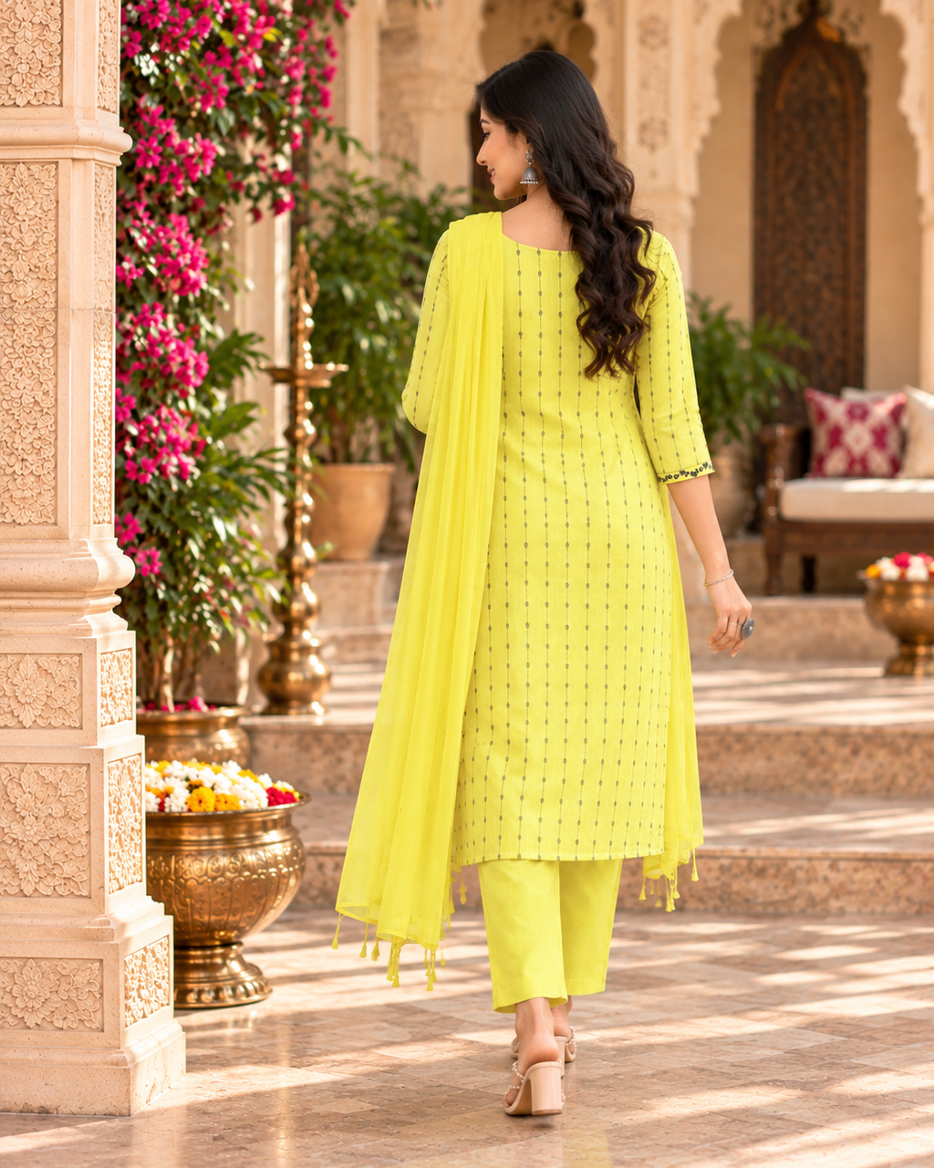 Cotton Kurti Pant Set With Dupatta(Yellow)