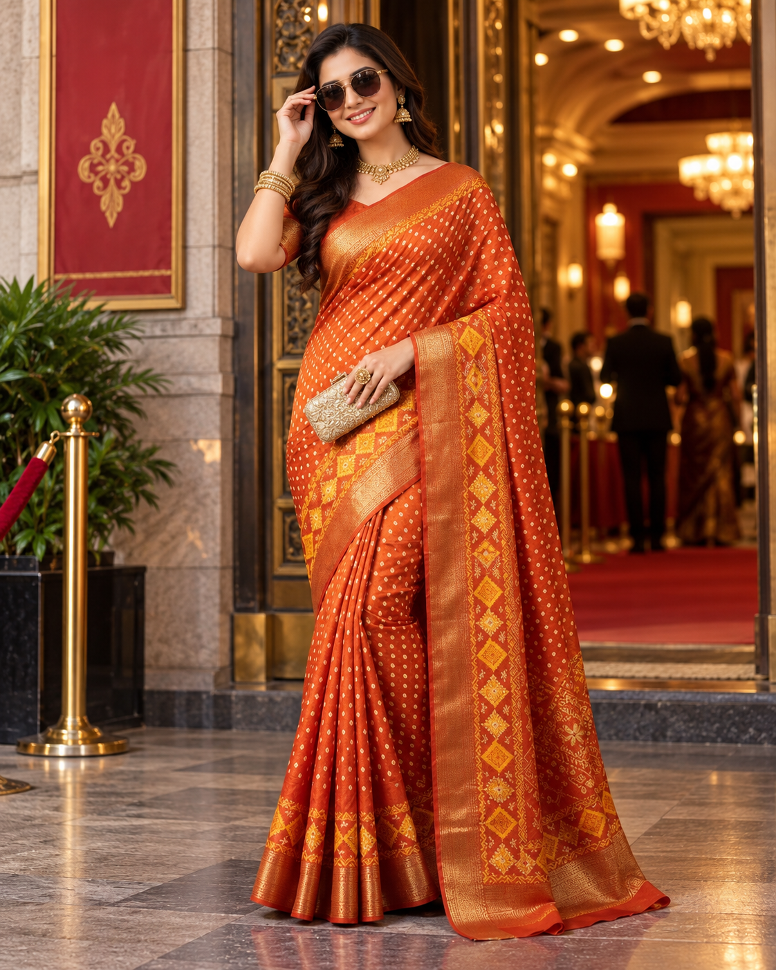 Premium Dola Silk Bandhani Print Zari Border Sarees With Unstitched Blouse(Orange)