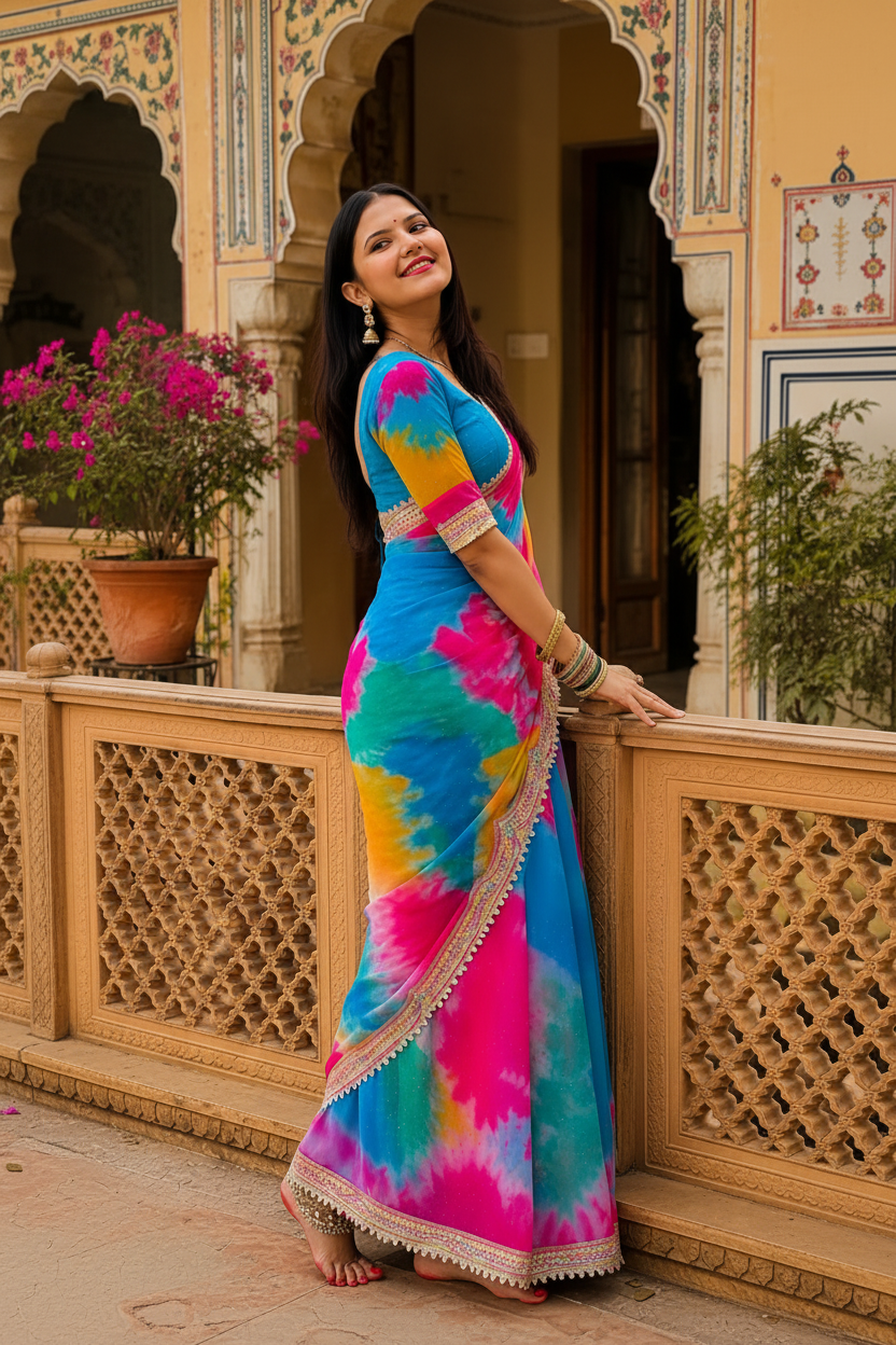 Georgette Saree With Unstitched Blouse(Multicolor)