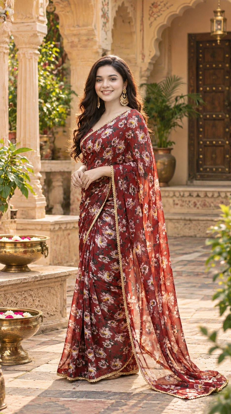 Georgette Digital Print Saree With Unstitched Blouse(Maroon)