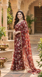 Georgette Digital Print Saree With Unstitched Blouse(Maroon)
