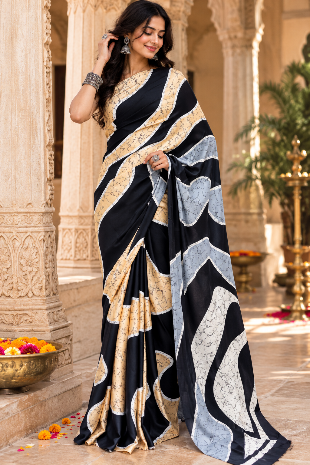 Premium Satin Silk Wave Print Saree With Unstitched Blouse(Black)