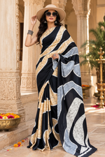 Load image into Gallery viewer, Premium Satin Silk Wave Print Saree With Unstitched Blouse(Black)
