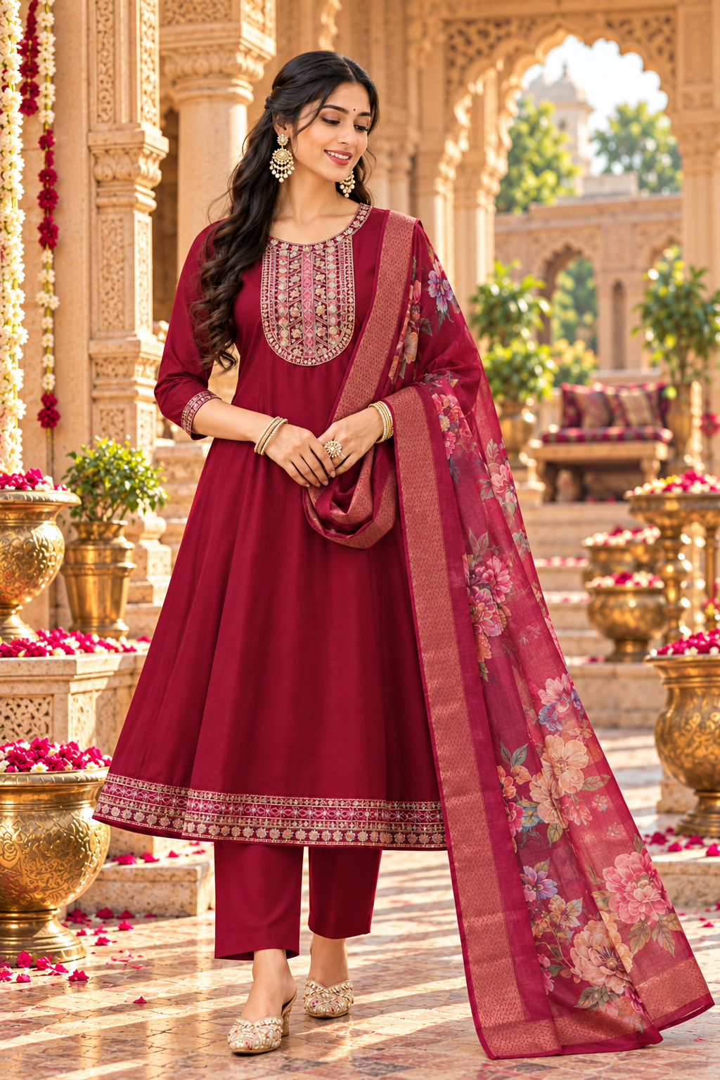 Cotton Embroidery Work Kurti Pant Set With Dupatta(Maroon)