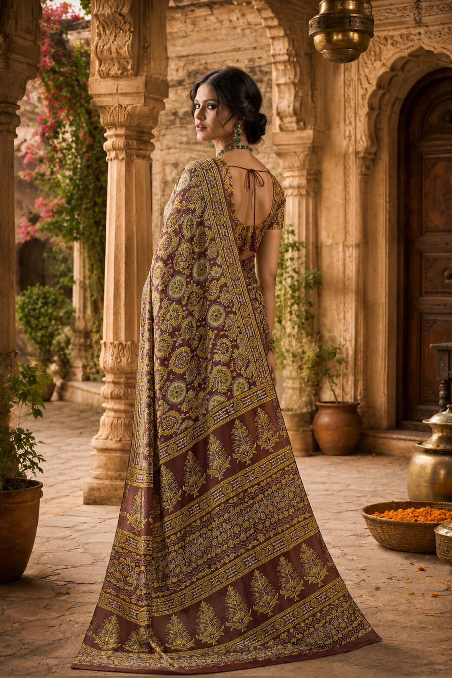 Gorgeous Satin Silk Ajrakh Printed Saree With Unstitched Blouse(Gold)