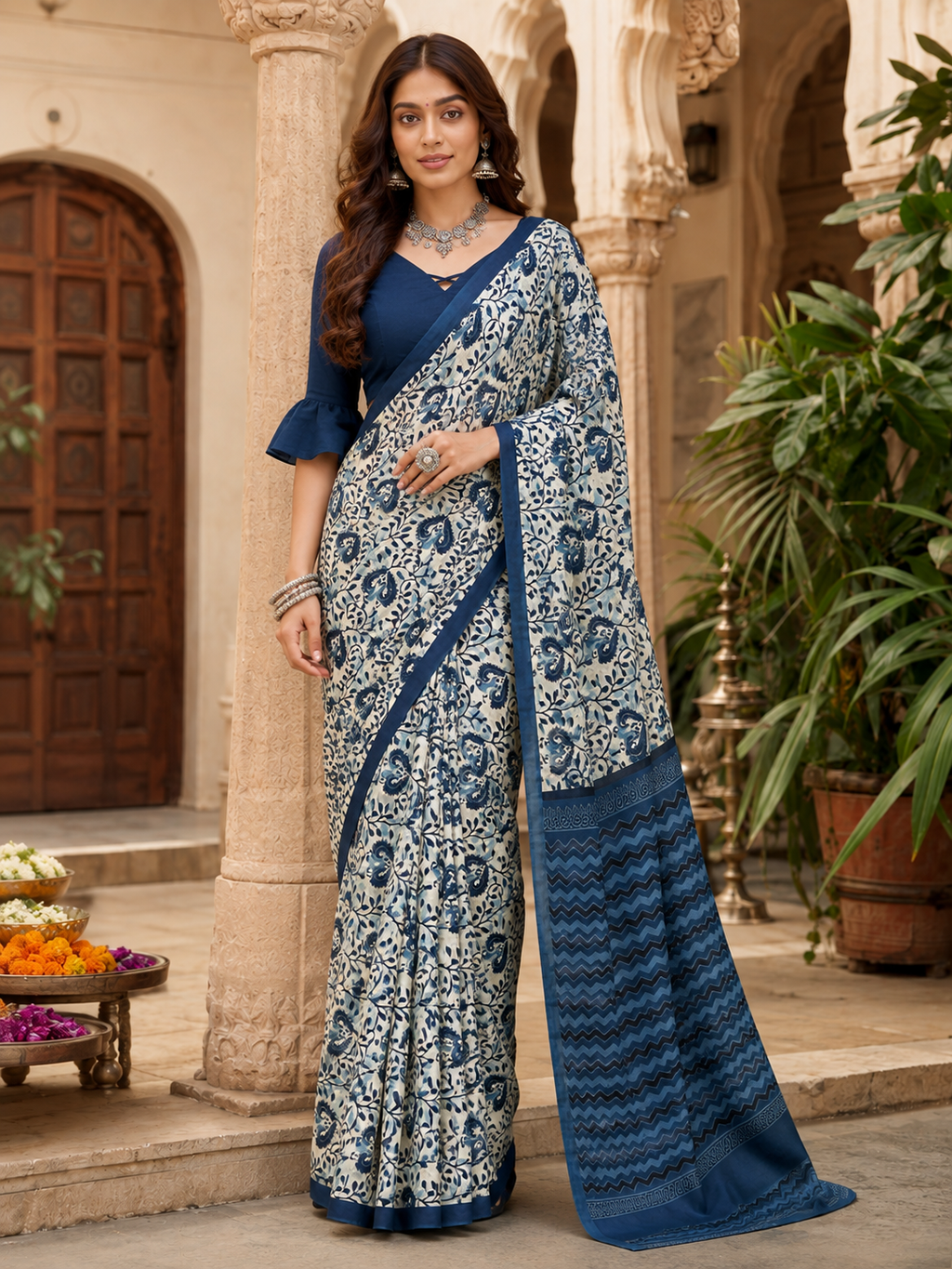 Cotton Printed Saree With Unstitched Blouse(Blue)