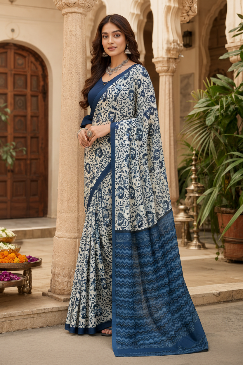 Cotton Printed Saree With Unstitched Blouse(Blue)