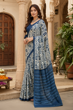 Cotton Printed Saree With Unstitched Blouse(Blue)