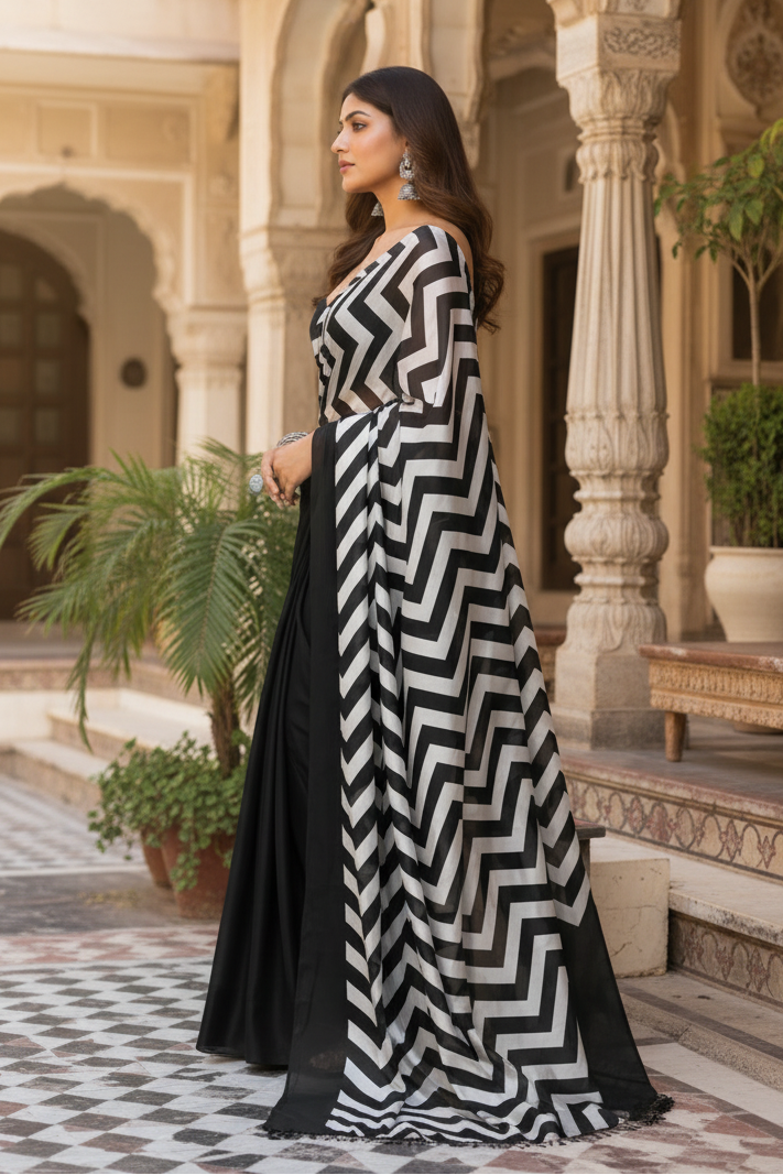 Premium Satin Silk Saree with Unstitched Blouse(Black)