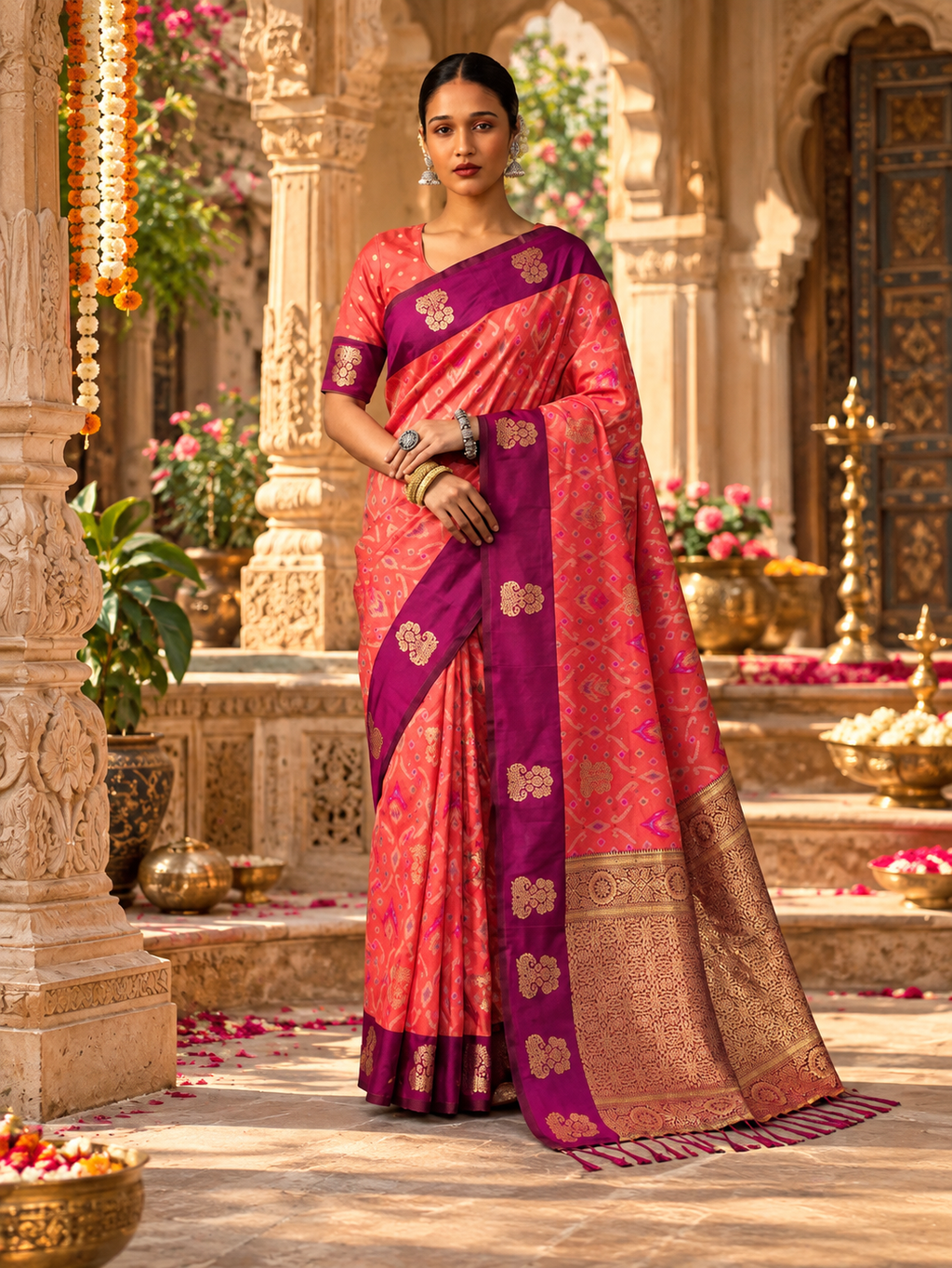 Pure Silk Zari Border Ikat Saree With Unstitched Blouse(Brink Pink)