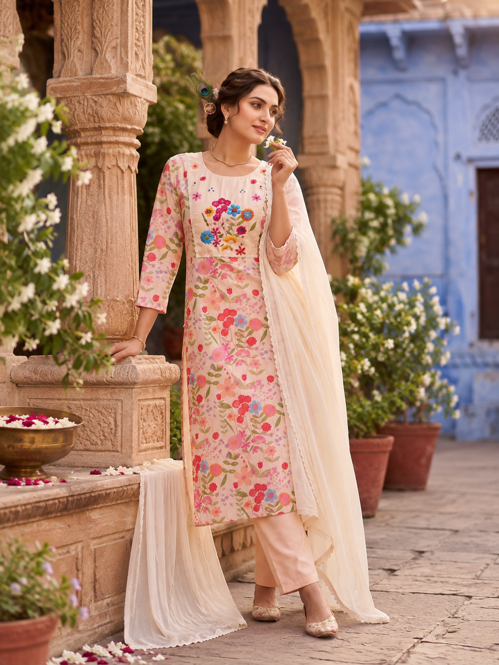 Pure Cotton Printed Kurti Pant With Dupatta Set(Beige)
