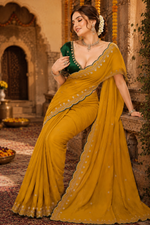 Load image into Gallery viewer, Georgette Border Embroidery Work Designer Saree With Unstitched Blouse(Mustard)
