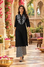 Vichitra Silk Kurti Pant Two Piece Set(Black)