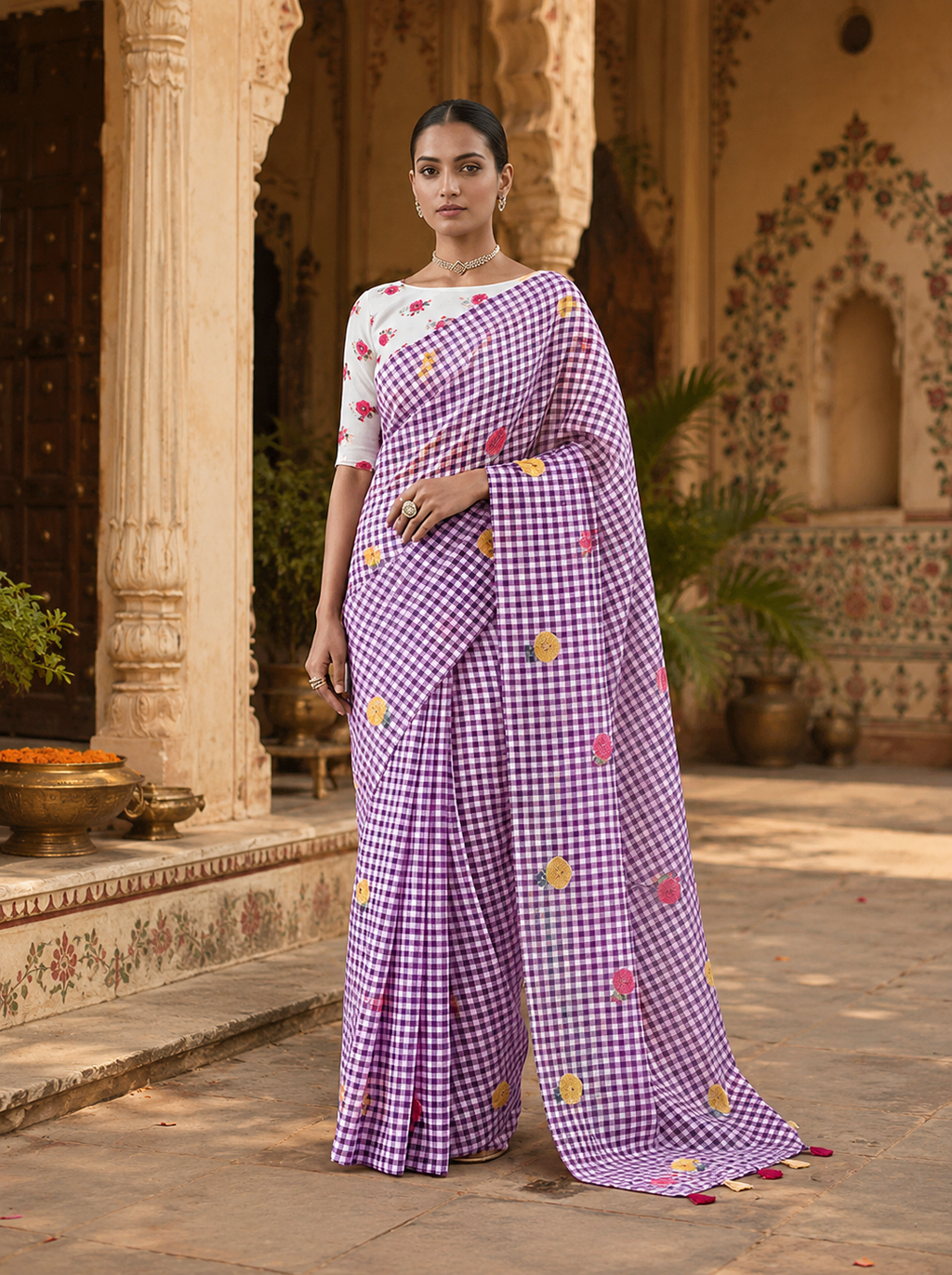 Linen Flora Chex Printed Saree With Unstitched Blouse(Lavender)