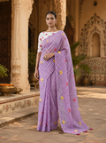 Linen Flora Chex Printed Saree With Unstitched Blouse(Lavender)