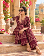 Pure Cotton Kurti Pant Two piece Set(Wine)