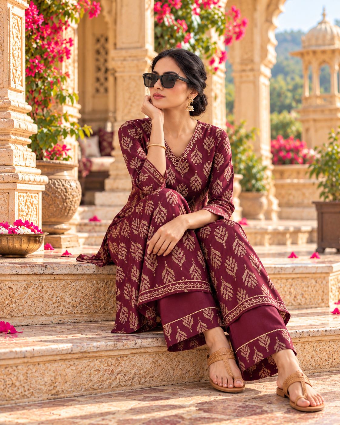 Pure Cotton Kurti Pant Two piece Set(Wine)