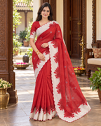 Premium Linen Digital Print Cut work border Saree With Ustitched Blouse (Red)