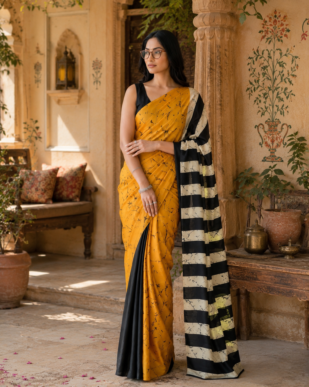 Satin Silk Printed Saree With Unstitched Blouse(Yellow)
