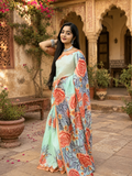 Linen Floral Printed Saree With Unstitched Blouse(Green)
