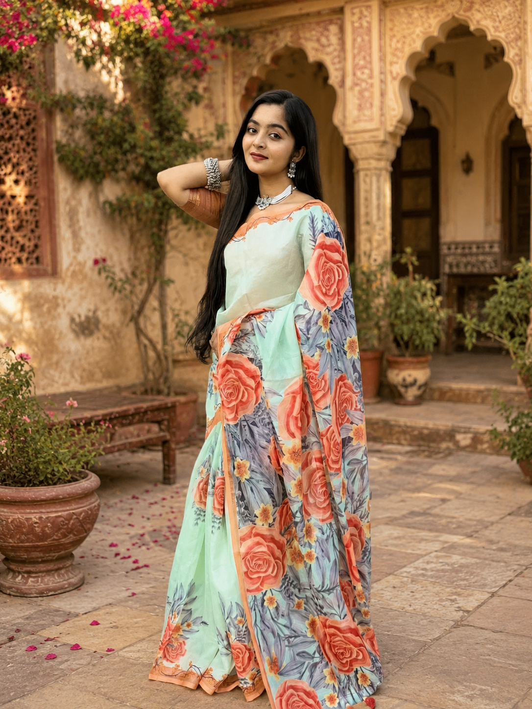 Linen Floral Printed Saree With Unstitched Blouse(Green)